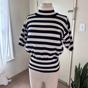 ESCADA Striped Knit Mock Neck Top – Black & White